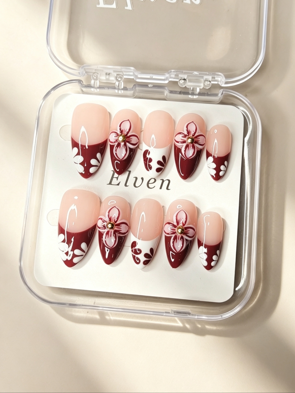 Burgundy and White Floral Handmade Press On Nails Medium Almond